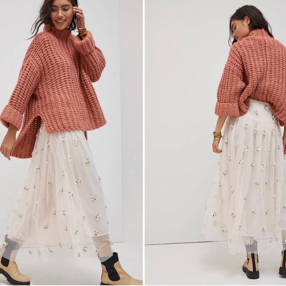 Anthropologie Baby Pink Tulle Maxi Skirt with Jewel Accents